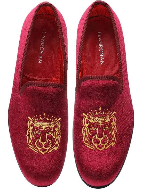 ELANROMAN Men\'s Wine Tiger Velvet Loafers Embroidery Slip on Penny Party Shoes main image 4